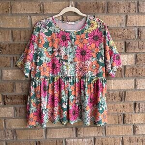 Boutique Floral Babydoll Top Size L Bright Retro Boho Peplum Blouse